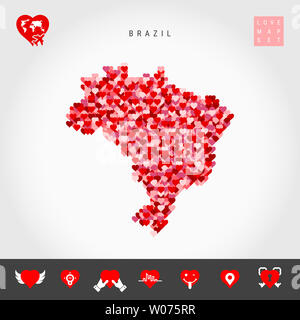 J'aime le Brésil. Motif coeurs rouges et roses Carte du Brésil isolé sur fond gris. L'icône de l'amour ensemble. Banque D'Images