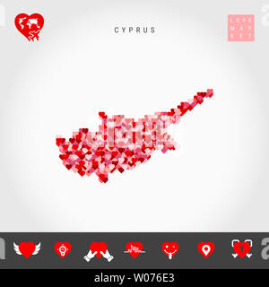 J'aime à Chypre. Coeurs rouges et roses Pattern Map de Chypre isolé sur fond gris. L'icône de l'amour ensemble. Banque D'Images