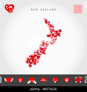 J'aime la Nouvelle Zélande. Coeurs rouges et roses Pattern Map of New Zealand isolé sur fond gris. L'icône de l'amour ensemble. Banque D'Images