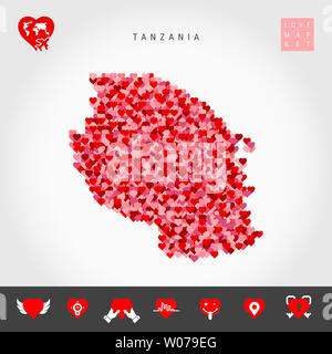 J'aime la Tanzanie. Coeurs rouges et roses Pattern Map de Tanzanie isolé sur fond gris. L'icône de l'amour ensemble. Banque D'Images