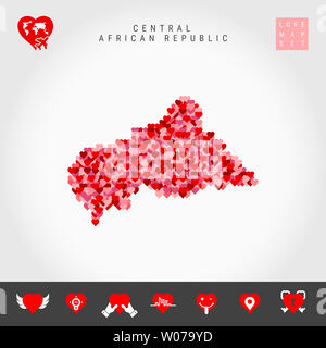 J'aime en République centrafricaine. Coeurs rouges et roses Pattern Map of Central African Republic isolé sur fond gris. L'icône de l'amour ensemble. Banque D'Images