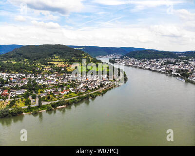 Vue aérienne de Boppard, Filsen am Rhein river, boucle du Rhin moyen (Mittelrheinschleife, Mittelrhein). Rhénanie-palatinat (Rheinland-Pfalz), de l'Allemagne U Banque D'Images