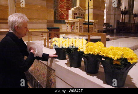 Nicki bénévoles Batchelor met des fleurs sur un rebord près de la chaise du Pape à la Cathédrale Basilique de Saint Louis à Saint Louis le 31 mars 2018. Les fleurs qui comprennent, roses, lillies, snap dragons, et branches d'oliviers sont placés tout au long de la basilique en préparation pour la célébration de Pâques le 1 avril, 2018.Le Pape Jean Paul II a visité l'église en 1999. Photo de Bill Greenblatt/UPI Banque D'Images