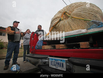 Don Young (L) de Des Moine, Iowa attend d'avoir sa pesée citrouille citrouille au Championnat du Monde Weigh-Off dans Half Moon Bay le 12 octobre 2009. Les jeunes la colossale cucurbita a établi un nouveau record pour le concours et a pris le premier prix. Les gagnants seront affichés à Half Moon Bay's Art & Festival de la citrouille 17 et 18 octobre. UPI/Terry Schmitt1658 livre Banque D'Images