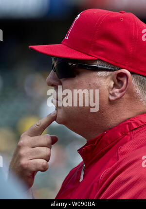 Los Angeles Angels Manager Mike Scioscia envoie un signal au champ dans la septième manche contre les Athletics d'Oakland à O.co Coliseum à Oakland, Californie le 24 septembre 2014. Les Anges défait les A's 5-4. UPI/Terry Schmitt Banque D'Images