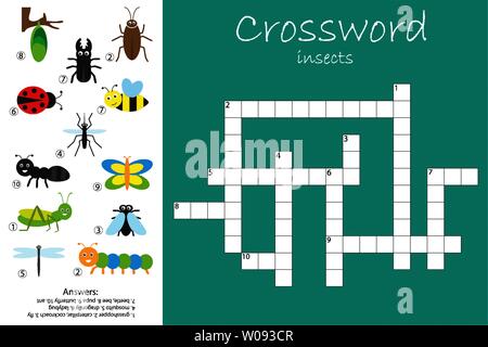 Mots croisés pour enfants, thème de l'insecte, amusant jeu d'éducation pour les enfants d'âge préscolaire, l'exercice, vector Illustration de Vecteur