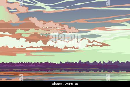 Paysage coucher de soleil sur la rivière Illustration de Vecteur