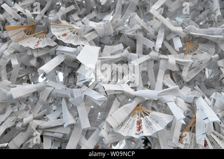 De nombreux 'Omikuji' lié au sanctuaire Kanda Myojin à Tokyo, Japon, le 4 janvier 2012. Beaucoup de japonais pensent qu'en liant la 'Omikuji' autour d'une branche d'arbre, la bonne fortune se réaliseront ou mauvaise fortune peut être évité. UPI/Keizo Mori Banque D'Images