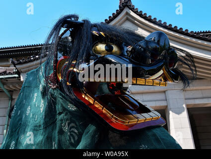 Lion dancers d'Onagawa, Miyagi-Prefecture Shishikofuri effectuer pendant un événement de style pour 'Tokyo Shishimai collection 2020" au Musée National de Tokyo à Tokyo, Japon le 11 mai 2019. Photo par Keizo Mori/UPI Banque D'Images