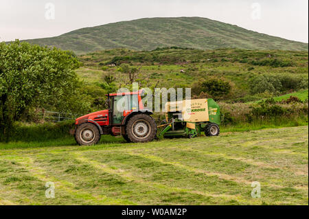 Ballydehob, West Cork, Irlande. 27 juin 2019. Michael Pat Ward, un agriculteur basé à Durrus, navigue de l'herbe pour l'ensilage sous le regard du mont Corrin. Les balles seront utilisées comme alimentation d'hiver pour le bétail. Crédit : AG News/Alay Live News. Banque D'Images