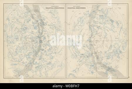 Le nord et le Sud de l'hémisphère céleste. Les cartes du ciel. BARTHOLOMEW 1882 map Banque D'Images