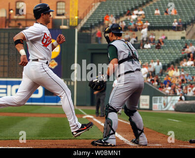 Les Baltimore Orioles Javy Lopez (18) entre en compte dans la première manche sur un triple par Ramon Hernandez contre Doug Waechter des Devil Rays de Tampa Bay à l'Oriole Park at Camden Yards de Baltimore, MD, le 30 mai 2006. Les Devil Rays Orioles défait le 7-5. (UPI Photo/Mark Goldman) Banque D'Images