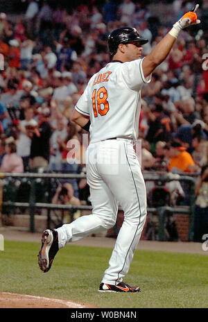 Baltimore Orioles Javy Lopez (18) soulève son bras après avoir frappé un coup de circuit en solo en septième manche contre Ricky Nolasco des Marlins de la Floride le 21 juin 2006 à l'Oriole Park at Camden Yards de Baltimore, MD. Les orioles terminé les Marlins 9 victoires avec une victoire 4-0 sur les Marlins. (UPI Photo/Mark Goldman) Banque D'Images