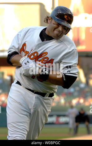 Les Baltimore Orioles Kevin Millar (15) réagit d'être frappé par un lancer sur le poignet dans la septième manche par les Tigers de Detroit Jason Grilli le 21 septembre 2006 à l'Oriole Park at Camden Yards de Baltimore, Maryland. Les orioles défait les Tigres 4-3. (UPI Photo/Mark Goldman) Banque D'Images