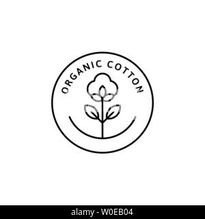 Chemise de coton organique naturel étiquettes et badges - Vector icône ronde, autocollant, Logo, Tampon, fleur de coton Tag isolé sur fond blanc - Naturel Clo Illustration de Vecteur
