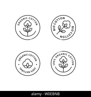 Ensemble d'étiquettes de chemise de coton biologique naturel et insignes - Vector icône ronde, autocollant, Logo, Tampon, fleur de coton Tag isolé sur fond blanc - Natu Illustration de Vecteur