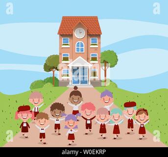 Bâtiment de l'école avec les enfants dans la rue interracial scène Illustration de Vecteur