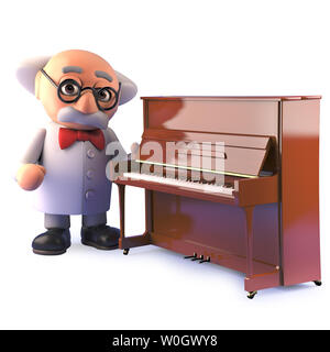 Image 3D reconstruite d'un caractère savant fou de dessin animé par un piano droit permanent Banque D'Images