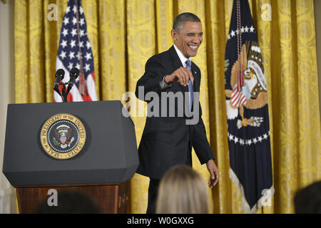 Le président Barack Obama quitte le podium après avoir tenu une conférence de presse dans la East Room à la Maison Blanche à Washington, le 14 novembre 2012. UPI/Kevin Dietsch Banque D'Images