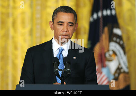 Le président Barack Obama parle au cours d'une conférence de presse à la Maison Blanche à Washington, DC Le 14 janvier 2012. UPI/Kevin Dietsch Banque D'Images