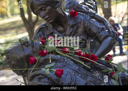 Les roses sont visibles sur le Vietnam Women's Memorial sur la Journée des anciens combattants dans la région de Washington, D.C., le 11 novembre 2013. UPI/Kevin Dietsch Banque D'Images