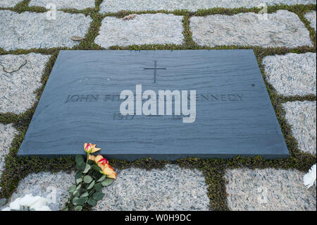 Fleurs était tombée près de la tombe du Président John Fitzgerald Kennedy au cimetière national d'Arlington à Arlington, en Virginie, le 18 novembre 2013. Kennedy a été le 35e président des États-Unis et 22 novembre marquera le 50e anniversaire de son assassinat à Dallas, au Texas. UPI/Pat Benic Banque D'Images