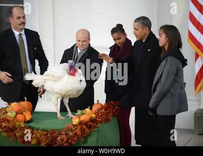 Le président Barack Obama 'pardon' Popcorn, la dinde de Thanksgiving National 2013, avec ses filles Sasha et Malia (R) sur le portique nord de la Maison Blanche à Washington, DC Le 27 novembre 2013. Fédération nationale de la Turquie le Président John Burkel (2E,L). Les 38 livres 'Popcorn' et son alternative 'Caramel' va vivre à Mount Vernon, l'accueil du premier président George Washington. UPI/Pat Benic Banque D'Images