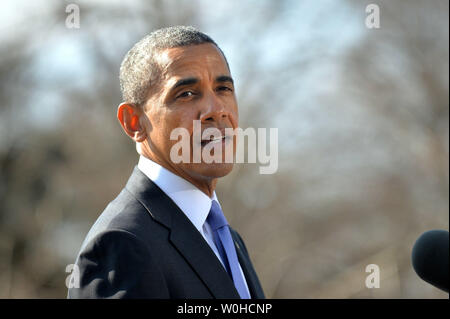 Le président Barack Obama annonce de nouvelles sanctions américaines sur l'économie russe à la suite de l'annexion par la Russie de l'Ukraine, la région de la Crimée, à la Maison Blanche, à Washington, D.C. le 20 mars 2014. UPI/Kevin Dietsch Banque D'Images