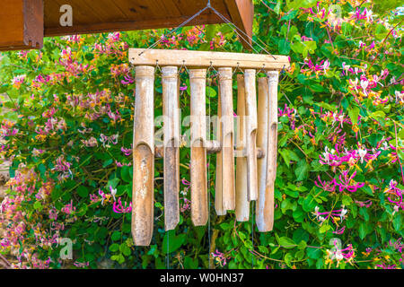 Un vieux jeu de carillon éolien en bambou suspendue à un toit de cabine en face d'une jolie floraison bush, dans un jardin de banlieue. Angleterre, Royaume-Uni. Banque D'Images