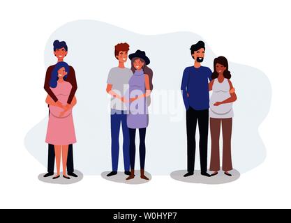 Groupe de couples amoureux personnages grossesse Illustration de Vecteur