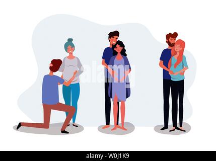 Groupe de couples amoureux personnages grossesse Illustration de Vecteur