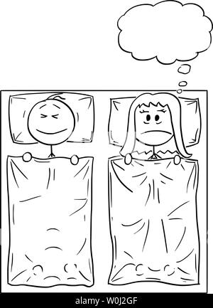 Vector cartoon stick figure dessin illustration conceptuelle du couple Lying in Bed, l'homme est en train de dormir, la femme n'arrive pas à dormir, pensant à problème ou souffrant d'insomnie. Illustration de Vecteur