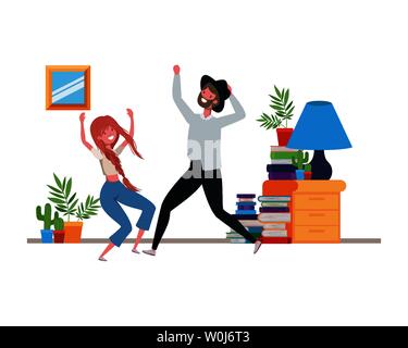 Young couple dancing in living room character Illustration de Vecteur