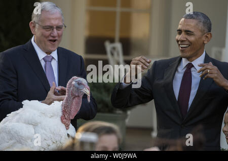 Le président Barack Obama réhabilitations la dinde de Thanksgiving National 'tot' lors d'une cérémonie dans la roseraie de la Maison Blanche à Washington, DC Le 23 novembre 2016. Soulevées dans l'Iowa, la Turquie prendra sa retraite à Gobblers 'reste' à Virgina Tech University. Photo de Pat Benic/UPI Banque D'Images