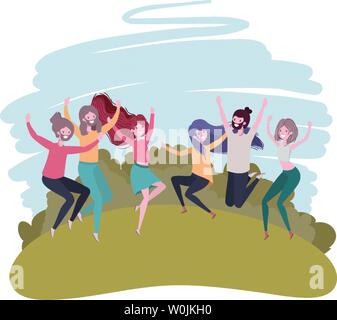 Groupe de personnes dansant dans paysage avec des arbres et des plantes Illustration de Vecteur