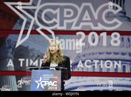 Homme politique français, et petite fille de fondateur du Front National Jean-Marie Le Pen, Marion Marechal-Le Pen fait lors de la Conférence d'action politique conservateur (CPAC), le 22 février 2018, à National Harbor, Maryland. Des milliers de militants conservateurs, républicains et Tea Party Patriots se sont réunis pour entendre les politiciens et les hôtes parlent à la radio et à la télévision, le hall et le réseau de la cause des conservateurs. Photo de Mike Theiler/UPI Banque D'Images