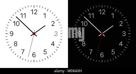 Ensemble d'illustration réaliste d'un noir et blanc d'une horloge avec des chiffres et une horloge et un centre rouge. Isolé sur fond - vector Illustration de Vecteur