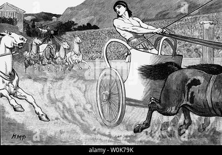 Clisthène (6e siècle avant J.-C.), tyran de l'ancienne ville grecque de Sicyon Jeux Pythiques fondée à Sicyon et construit un nouveau secrétariat du Sicyonian à Delphi. Les jeux ont été rétablies avec nouveau magnificence et Clisthène (picturesd) a remporté la première course de chars en 582. Les courses de chars était un prestigieux concours, seuls les riches en raison d'être en mesure de payer l'entretien et le transport de chevaux. Ces courses était composé de différents événements : la course de chars à quatre chevaux, les deux chevaux de course de chars, et le cheval avec cavalier de race, l'adepte d'être cueillis à la main par le propriétaire. Banque D'Images