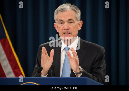 Le Président de la Réserve fédérale, Jerome Powell parle à la conférence de presse suivant le Federal Open Market Committee's réunion de mars, à Washington, D.C. le 20 mars 2019. Powell a annoncé que la Réserve fédérale va maintenir les taux d'intérêt inchangés. Photo par Kevin Dietsch/UPI Banque D'Images