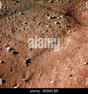 Cette image montre un schéma polygonal dans le sol près de Phoenix Mars Lander de la NASA, semblable en apparence à la masse de glace dans les régions arctiques de la Terre. Phoenix s'est posé sur la planète rouge à 7:53 h, heure de l'Est, le 25 mai 2008, dans une région arctique appelé Vastitas Borealis, à 68 degrés de latitude nord et 234 degrés de longitude est. Il s'agit d'une image en couleur approximative prise peu après l'atterrissage de l'engin spatial Stereo Imager la surface, déduit à partir de deux filtres de couleur, un violet, 450 nanomètres et un filtre infrarouge, 750 nanomètres de filtre. (Photo d'UPI/NASA, JPL-Caltech, University of Arizona) Banque D'Images