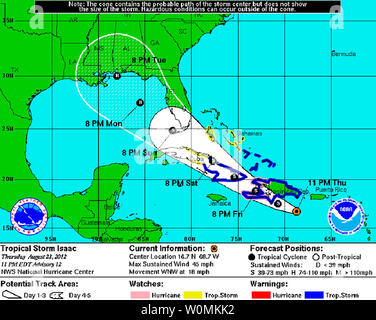 Ce tableau de la NOAA ont été publiés le 23 août 2012 montre la projection de cinq jours, chemin de la tempête tropicale Isaac. UPI/NOAA Banque D'Images