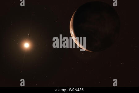 Cette image, sorti le 14 novembre 2018, montre une vue d'artiste d'une super-Terre en orbite autour de l'étoile de Barnard. La seule étoile la plus proche du Soleil est l'hôte d'une exoplanète au moins 3,2 fois plus massives que la terre - un soi-disant super-terre. L'une des plus grandes campagnes d'observation à ce jour dans le monde entier en utilisant les données d'une gamme de télescopes, y compris la chasse de l'ESO de planète-instrument HARPS, ont révélé ce monde gelé, faiblement éclairées. La planète nouvellement découverte est le deuxième exo-planète connue la plus proche de la Terre. Barnards star est le plus rapide déménagement star dans le ciel nocturne. Photo par l'ESO/UPI Banque D'Images