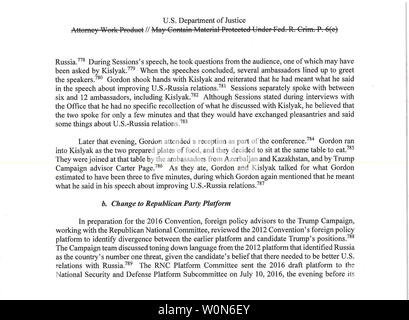 Rédigé le sommaire exécutif de l'avocat spécial le rapport de Robert Mueller est publié en format numérique le 18 avril 2019, à Washington, DC. Le procureur général William Barr a tenu une conférence de presse au Ministère de la Justice à Washington, DC sur le rapport concernant l'ingérence russe dans l'élection de 2016. UPI Banque D'Images