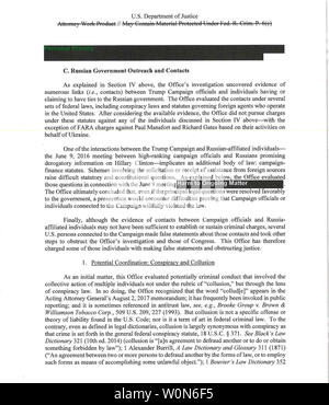 Rédigé le sommaire exécutif de l'avocat spécial le rapport de Robert Mueller est publié en format numérique le 18 avril 2019, à Washington, DC. Le procureur général William Barr a tenu une conférence de presse au Ministère de la Justice à Washington, DC sur le rapport concernant l'ingérence russe dans l'élection de 2016. UPI Banque D'Images