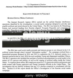 Rédigé le sommaire exécutif de l'avocat spécial le rapport de Robert Mueller est sortie en format numérique le 18 avril 2019 à Washington, DC. Le procureur général William Barr a tenu conférence de presse au Ministère de la Justice à Washington, DC sur le rapport concernant l'ingérence russe dans l'élection de 2016. UPI Banque D'Images