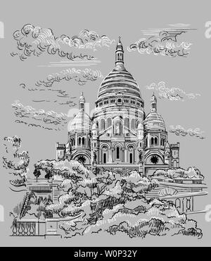 Vector Illustration dessin main de Montmartre (Paris, France). Monument de Paris. Basilique du Sacré Coeur avec la ville. Dessin vectoriel illustrati Illustration de Vecteur