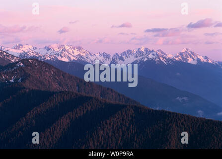 USA, Washington, Olympic National Park, printemps voir au coucher du soleil d'Hurricane Ridge vers les vallées boisées et les pics des montagnes olympiques de l'Est Banque D'Images