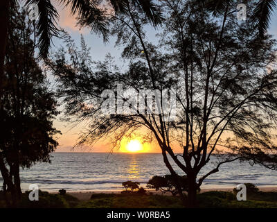 Lever tôt le matin à Waimanalo Beach sur Oahu, Hawaii sur l'éclatement de l'océan à travers les nuages et les arbres. En 2018. Banque D'Images