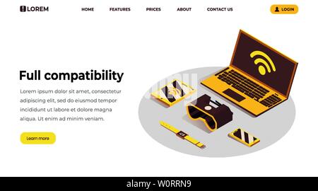 Internet des objets du modèle de page d'atterrissage. Compatibilité totale, responsive design, cloud computing, connexion Wi-Fi au réseau local, connexion sans fil networking bandeau web. IoT, appareils portables modernes 3d illustration Illustration de Vecteur