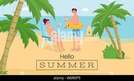 Vacances balnéaire romantique vector modèle de page. Couple heureux sur voyage de noces drinking cocktails sur la plage. Hello summer une phrase dans le châssis, station balnéaire de la typographie, mise en page de cartes postales promotionnelles Illustration de Vecteur